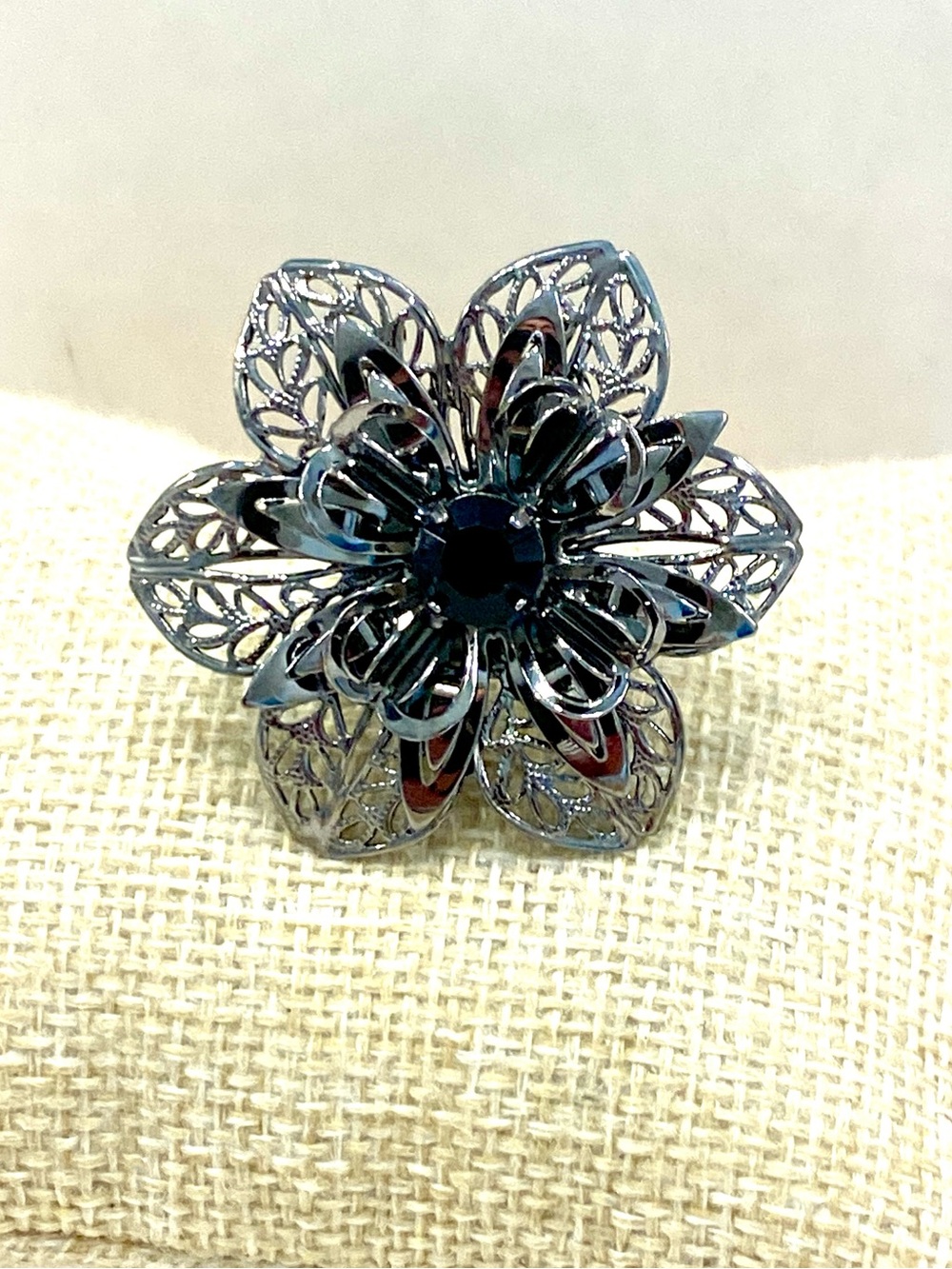Floral Filigree Statement Ring with Black Crystal Center